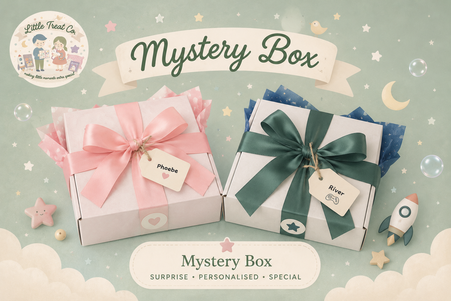 Little Treat Co mystery box contents with colourful children's treats and activities