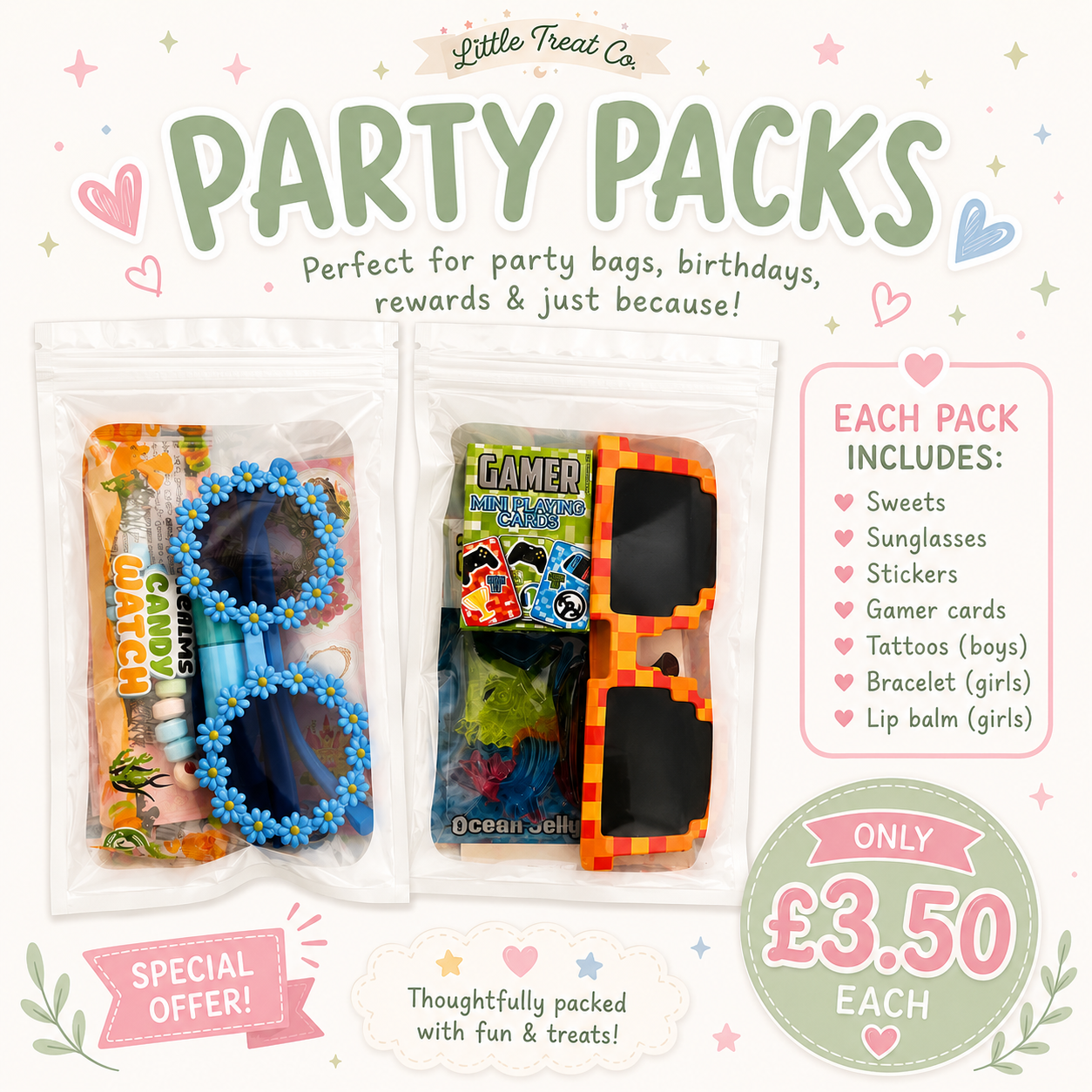 Summer party pouch filled with sweets, sunglasses, stickers and fun treats for children